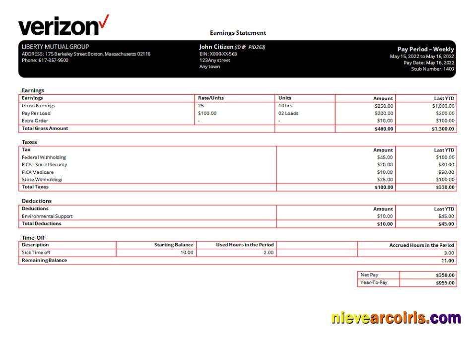 USA Verizon telecommunication company pay stub